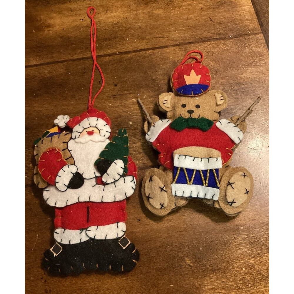 Christmas handmade felt ornaments Santa And Drummer Bear Read